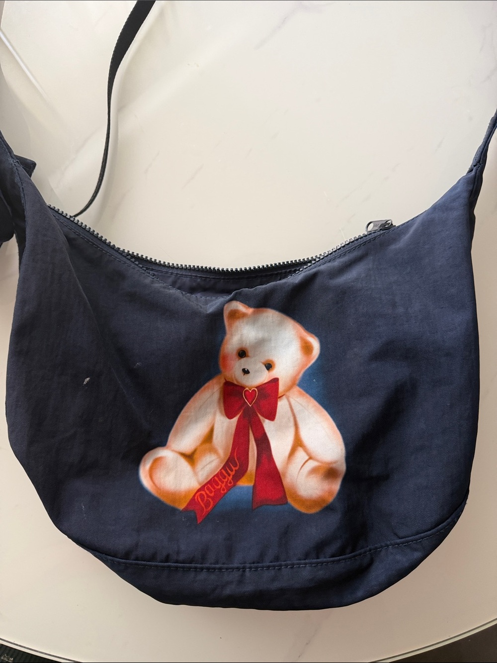Baggu Navy Teddy Print Shoulder Bag with Red Bow Accent